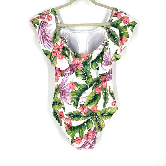 NWT Kona Sol One Piece Floral Swimsuit Size Medium 8/10 Off Shoulder Flounce - Picture 5 of 7